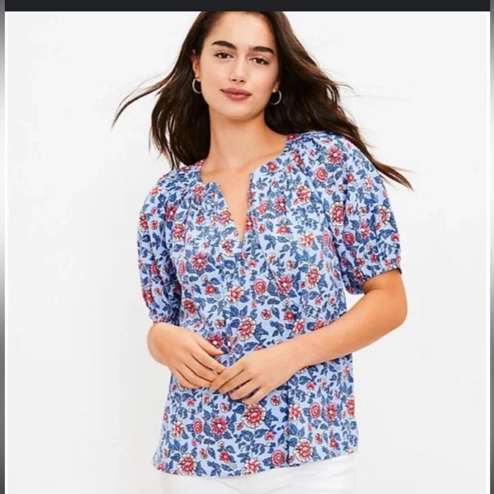LOFT Blue and Red Puff Sleeve Tie Front Blouse